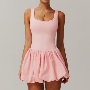 Women Light Pink Square Neck Sleeveless Tennis Skort Workout Mini Dress