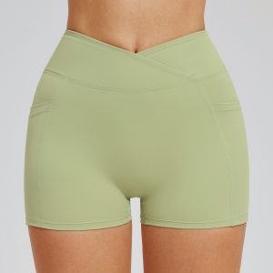 Women Sage Green Crossover V Front Tummy Control Workout Biker Shorts