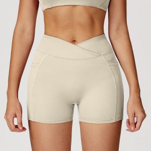 Women Off White Crossover V Waist Butt Shaping Athletic Yoga Biker Shorts