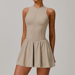 Women Khaki Mock Neck Half Zip Athletic Skort Dress Built In Anti-Chafing Shorts