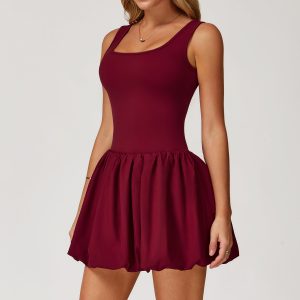 Women Burgundy Square Neck Flowy Tennis Dress Built In Anti-Chafing Shorts Skort