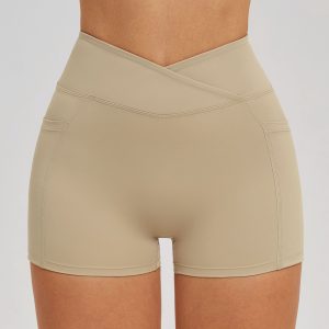 Women Beige Cross V Waist High Waist Butt Lifting Yoga Biker Shorts