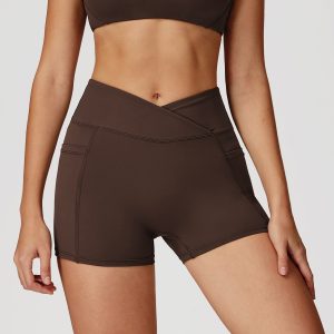 Women Dark Brown Cross V Waist High Rise Stretch Fitness Cycling Shorts